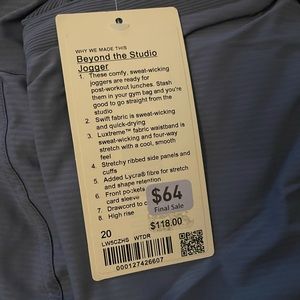 Lululemon Beyond The Studio Jogger NWT 20 Blue